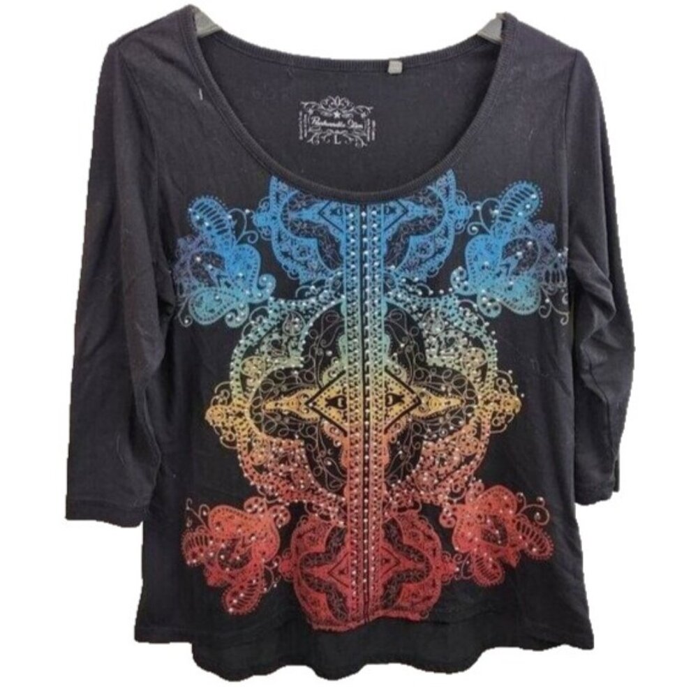 Panhandle‎ Slim Womens Top Large Black Studded Celtic Cross Graphic Gothic
